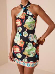 Travachic Print Halter Backless Sleeveless Boho Mini Dress Graphic Dress Vacation Dress Resort Dress Halter Dress Tropical Print Dress,Chic Autumn,Going Out Outfit,Elegant Outfits,Country Style For Women, Cruise Dinner Dress,Fall Clothes For Women ,Fall Dresses For Women,Elegant Dresses For Women