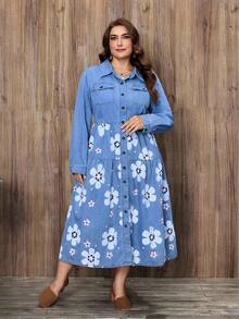 EMERY ROSE Plus Size Women Casual Light Blue Printed Long Sleeve Denim Dress - Light Wash - View 7