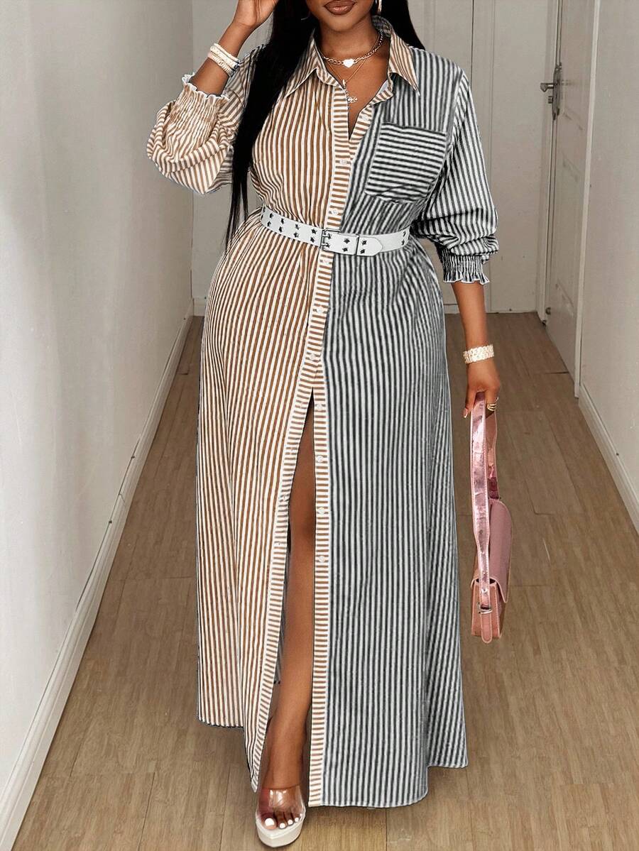 Maweii 2025 Plus Size Women's Striped Color Block Print Cuff Gathered Commute Everyday Versatile Spring/Summer Fabric Stand Collar Fashionable Design High Slit Dress - Multicolor - View 1