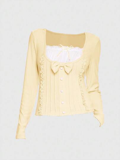 Kawaii Cute & Sweet Bow Decor 2 In 1 Women Long Sleeve T-Shirt