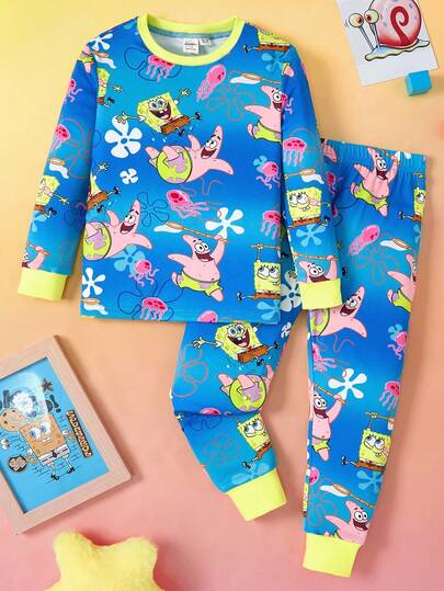 SpongeBob SquarePants | SHEIN 2pcs/Set Young Boy Ocean Pattern Round Neck Long Sleeve Top And Pants Knit Comfortable Casual Stretchy Pajama Set