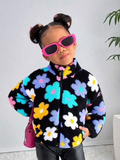 SHEIN Young Girl Colorful Floral Knit Fluffy Loose Casual Jacket With Mock Neck, Fall(10) And Winter(5), Colors: Black, Blue, Green, Blue, Red, Pink