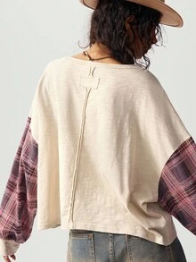 Bohemela Blusas holgadas de punto con parches, cuello redondo y manga larga caída para mujeres