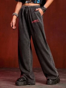 A Nightmare on Elm Street X ROMWE Women's Casual Fashion Street Letter Graphic Drawstring Waist Slant Pocket Loose Wide Leg Sweatpants - Black - View 7