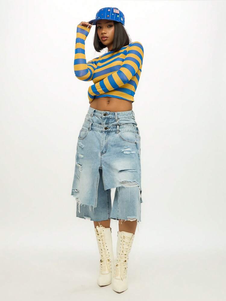 SUMWON WOMEN Striped Long Sleeve Crew Neck Top