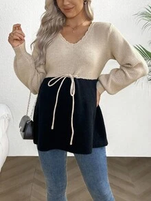 SHEIN Maternity Women's Colorblock V-Neck Long Sleeve Drawstring Waist Sweater, Autumn/Winter - Khaki - View 3