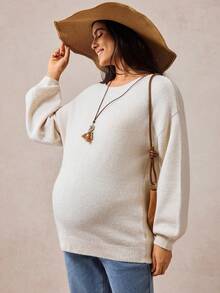 Boho Mama 孕妇宽松纯色圆领落肩长袖休闲毛衣，秋季 - 卡其色 - 查看 4