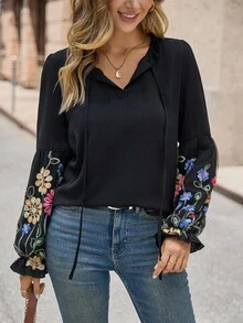 Lunelith SHEIN Lunessa Floral Print Lantern Sleeve Tie Neck Blouse,Long Sleeve Tops