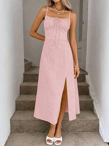 Easowa Ruched Neckline Tie Cinched Waist A-Line High Slit Spring/Summer Light Yellow Spaghetti Strap Midi Dress, Textured Jacquard Fabric, Casual Vacation Elegant Streetwear Pink Dress Maxi Dress Summer Dress Casual Long Dress Vacation Dress