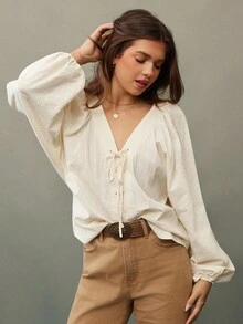 WESTFADE V Neck Lace Up Bow Tie Front Long Lantern Sleeve 100% Cotton Embroidered Top Fall Clothes For Women Cute Country Western Wear Nashville - Beige - View 1