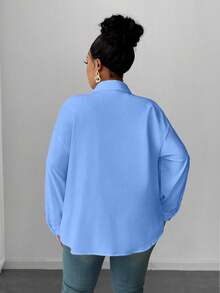 Maweii 大码女式春秋季长袖撞色条纹休闲衬衫，性感百搭，适合工作和日常穿着，蓝色 - 彩色 - 查看 2