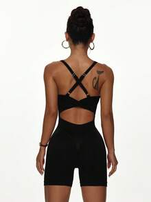 Slayform Combinaison de sport d'été pour femmes, couleur unie, avec croisillons et découpes ajourées - Noir - Voir 4