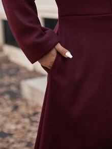 Vionelle Christmas Plus Size 1 Piece Woven Lapel Collar Solid Color Slimming Retro Elegant Long Flared Sleeve Women Overcoat Jacket Winter Autumn Fall - Burgundy - View 5
