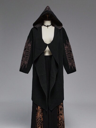Goth Dark Gothic Palace Print Fringe Trim Plus Size Hooded Cardigan