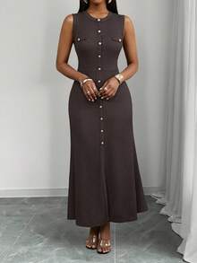 SHEIN PETITE CURVE Đầm không tay cổ tròn màu trơn thanh lịch cỡ lớn, thích hợp để đi làm - màu nâu - Xem 6