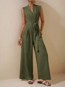 Zivah 2025春夏新款杏色无袖不对称褶皱腰带纹理亚麻连体裤-B优雅连体裤阔腿连体裤女款连体裤无袖连体裤绿色连体裤女款 - 軍綠色 - 查看 7