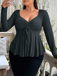 Vionelle Plus Size Rhinestone Neck Front Drawstring Ribbed Long Sleeve T-Shirt - Dark Grey - View 5