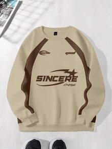 Manfinity Roghcode 男士休闲字母印花圆领插肩袖宽松套头衫，秋季 - 杏色 - 查看 2