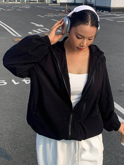 Dazy Plus Plus Size Women's Hooded Asymmetric Zipper Design Loose Motorcycle Jacket, Black, Autumn Women Coats