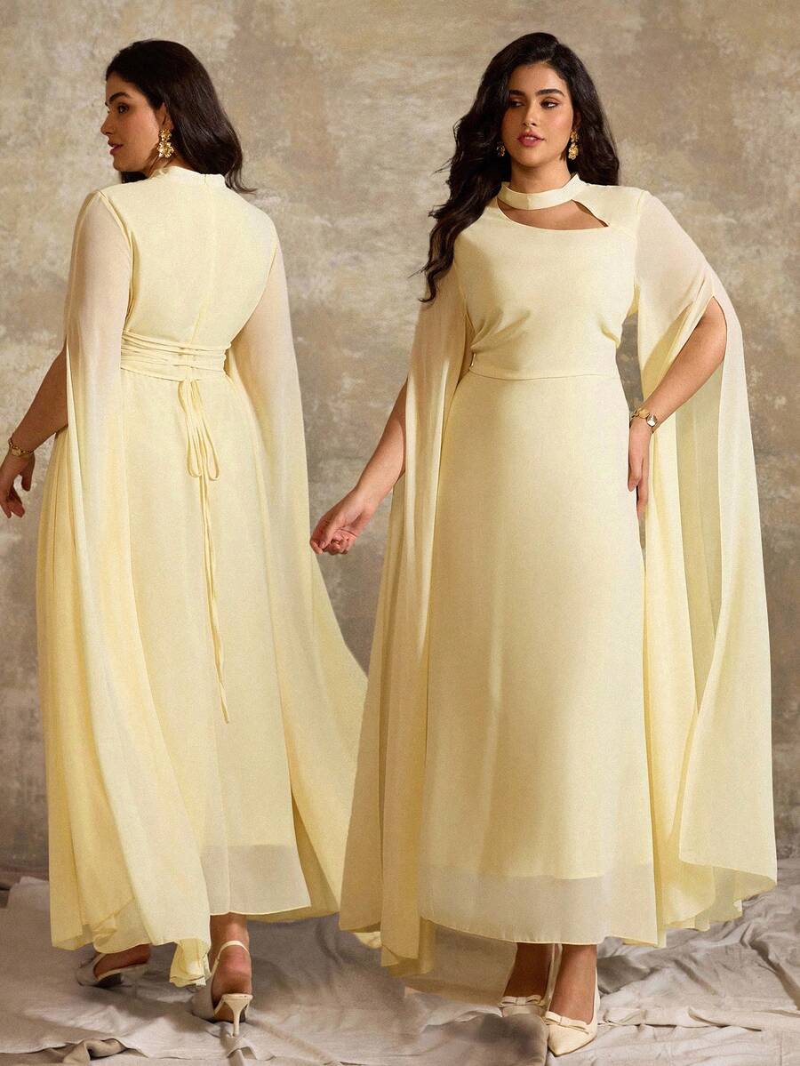 Roveilla Váy voan thanh lịch cổ khoét sâu, buộc chéo sau lưng, viền xòe, tay dài dành cho nữ, thích hợp đi biển, dự tiệc, trà chiều, cỡ lớn, xuân/hè/thu/đông - Màu vàng - Xem 1