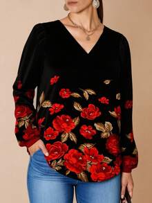 Glamance Whitebread Bluse nere oversize da donna, maniche lunghe, scollo a V, casual, con stampa floreale e di piante su tutto il capo, per outfit estivi da donna, top estivi, per uscire, per l'ufficio, per uscire, per il business casual, per l'ufficio, per l'autunno e l'inverno, per viaggiare, per l'aeroporto, per lo streetwear, per l'autunno, modeste, per il ritorno a scuola, per il lavoro, eleganti, per il Capodanno, collezione di abbigliamento chic e alla moda - nero - Visualizzare 5