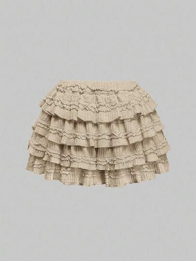 Kawaii Jupe mini femme à taille basse, patchwork avec ourlet gâteau texturé en tissu kaki, convenant à de multiples occasions