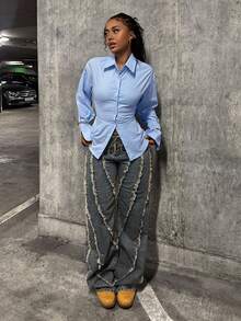 StreetHx 女式蓝色束腰 Y2K Baddie 街头服饰 2000 年代风格休闲通勤返校长袖衬衫 - 藍色 - 查看 4