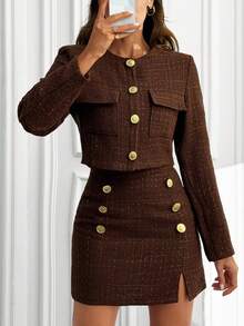 EURMUSE Women's Brown And Gold Tweed Skirt Suit Set With Buttons Vintage Business Casual Two Pieces Blazer And Mini Skirt Outfit Elegant Textured Jacket - Brown - View 7