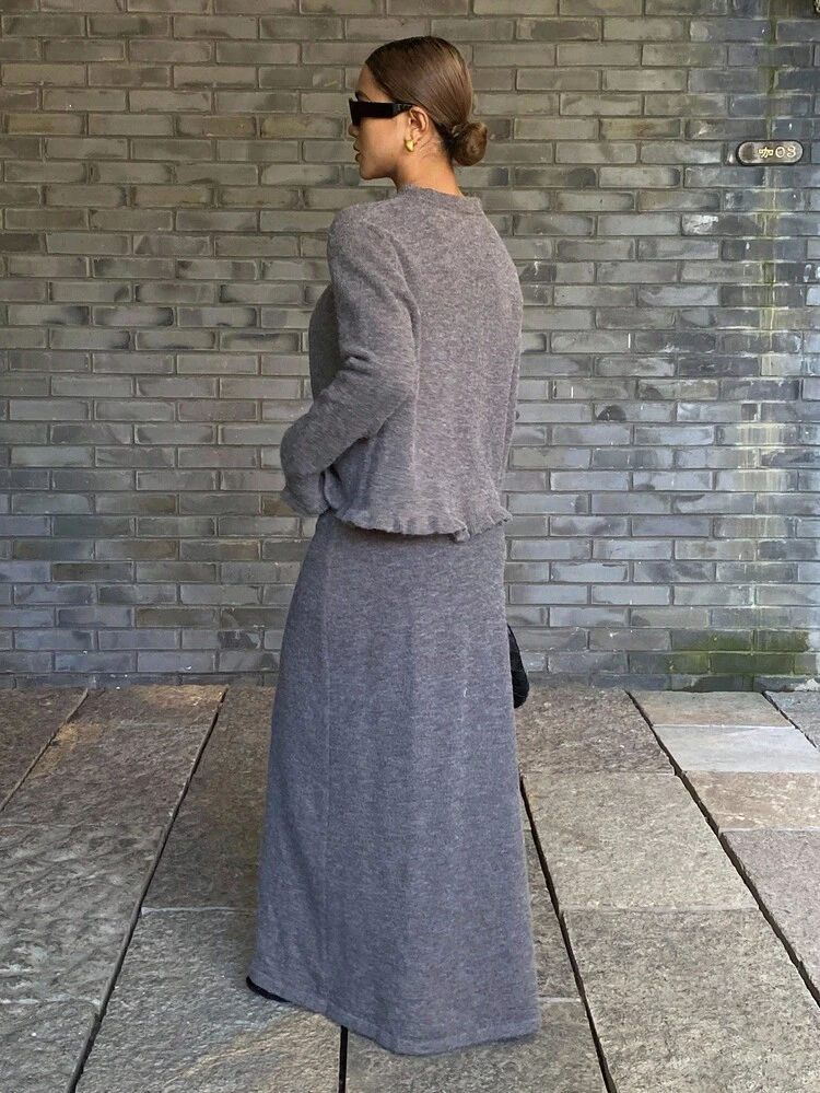 2pcs/Set Women's Elegant 3D Floral Decor Gray Sweater, Autumn/Winter