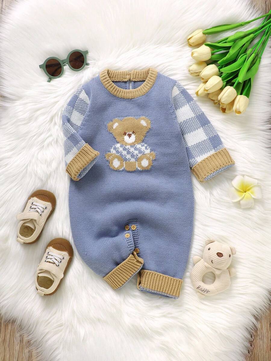 SHEIN 1pc Toddler Cute Grey-Blue Knitted Romper,Long Sleeve Plaid Teddy Bear Jacquard Jumpsuit,Baby Boy Autumn Clothes,Matching Family Winter Warm Outfits