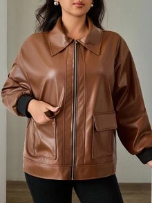 EURMUSE Veste décontractée ample à manches longues en PU avec fermeture éclair pour femmes, printemps et automne, plus hiver - Rouge foncé - Voir 6