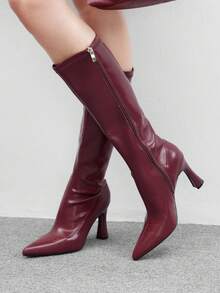 CUCCOO BIZCHIC 勃艮第尖头高跟过膝靴，弹力修身女式休闲/工作秋冬高筒靴 - 酒紅色 - 查看 4
