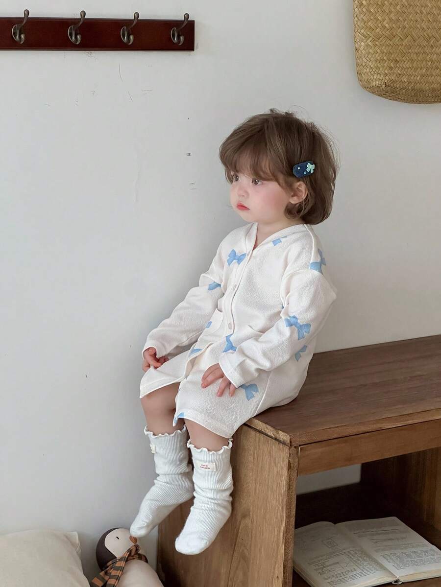 DAZY 女嬰V領蝴蝶結短袖舒適睡衣上衣幼兒 - 米色 - 查看 1