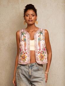 Travachic 女士花卉鹦鹉刺绣开襟轻薄背心外套，波西米亚风背心，花卉背心，休闲女装风格，外出，优雅，乡村风格，休闲，优雅背心外套 - 彩色 - 查看 5