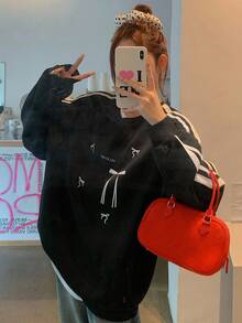 DAZY Women's Loose Fit Bow Print Thermal Lined Crew Neck Long Sleeve Casual Pullover Sweatshirt Fall/Winter