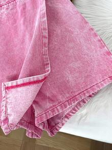 Comfortcana 女式纯色交叉包裹不对称下摆细肩带牛仔连体裤 - 粉色 - 查看 5