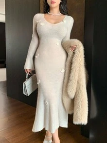 DAZY Women's Elegant Solid Color Fitted Sweater Dress, Autumn/Winter - Beige - View 7