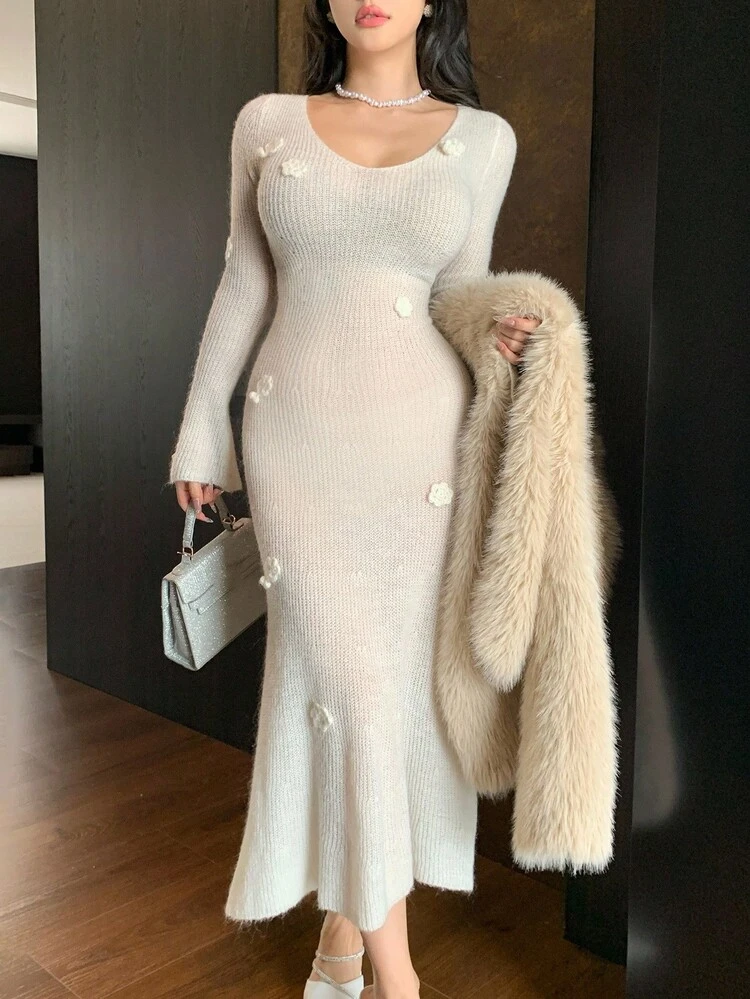 Women's Elegant Solid Color Fitted Sweater Dress, Autumn/Winter