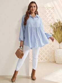 Rosumi Plus Size Winter Women Casual Striped Lantern Sleeve Shirt