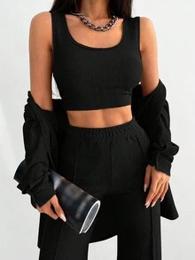 SHEIN Tall 高个女款三件套纯色圆领吊带背心+长袖外套+长裤休闲套装 黑色两件套 黑色三件套 - 黑色 - 查看 6