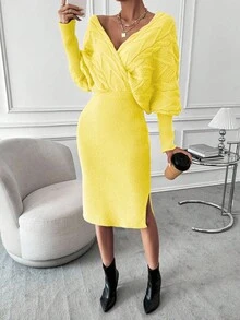 EMERY ROSE Bộ đồ len dệt kim hai mảnh tay cánh dơi xẻ gấu Bộ đồ len hai mảnh Bộ váy len Bộ đồ len hai mảnh Bộ đồ mùa đông hai mảnh - Màu vàng - Xem 5