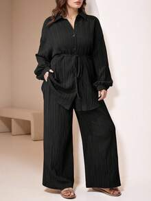 Veilorie Plus Size Solid Color Front Button Long Sleeve Top And Insert Pocket Long Pants 2Pcs Set 2 Pieces Set - Black - View 1