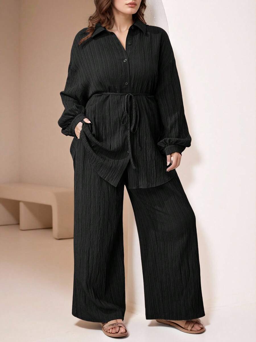 Veilorie Plus Size Solid Color Front Button Long Sleeve Top And Insert Pocket Long Pants 2Pcs Set 2 Pieces Set - Black - View 1