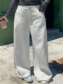 Dazy Plus 大码女式直筒长款白色牛仔裤，四季休闲 - 白色 - 查看 13