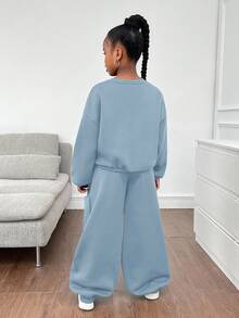SHEIN Tween Girls Loose Casual Versatile Reflective Print Pullover Hoodie And Drawstring Hem Sweatpants Set Blue Two Piece Set Girl Co Ord Sets Casual Two Piece Set Fall Winter - Baby Blue - View 2