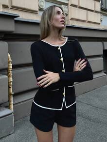 Pariaura 女士修身针织腰开衫，法式通勤装，撞色不对称口袋纽扣开合，女士秋冬毛衣外套 - 黑色 - 查看 5