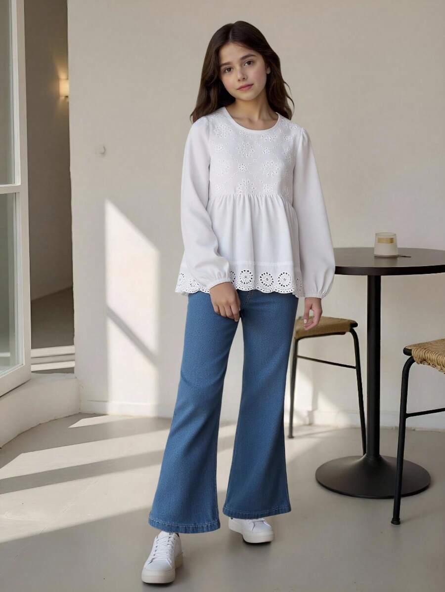 青少年女孩休闲日常圆领长袖纯色刺绣衬衫和松紧腰喇叭腿牛仔裤春季服装 - 白色 - 查看 1