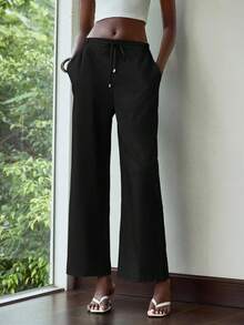 Lumivelle 女士简约通勤直筒宽松松紧腰裤 - 黑色 - 查看 6