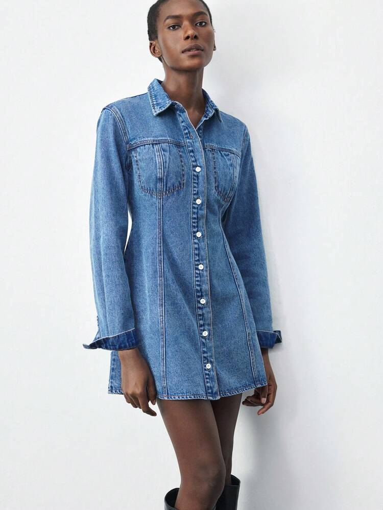 SHEIN Maija Women's Blue Denim Dress Shirt-Style Long-Sleeved Dress Preppy Style Casual Autumn Outfit