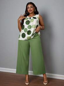 SHEIN PETITE CURVE 2 Stücke/Set Große Größen Rundhals Ärmelloses Top mit Rundumprint und farbige weite Hose - Grün - Übersicht 6
